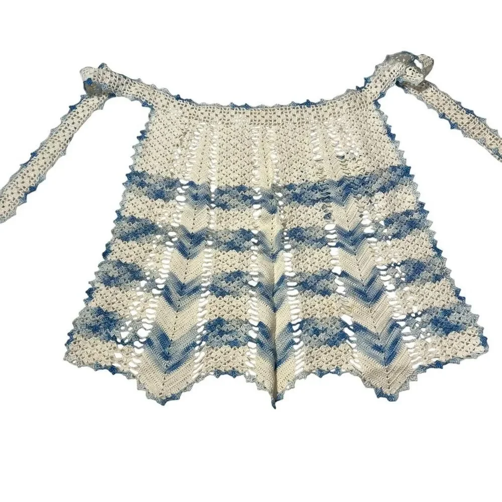Vintage Handmade Crochet Apron With Small Pocket Blue‎ White Straps Approx 48”